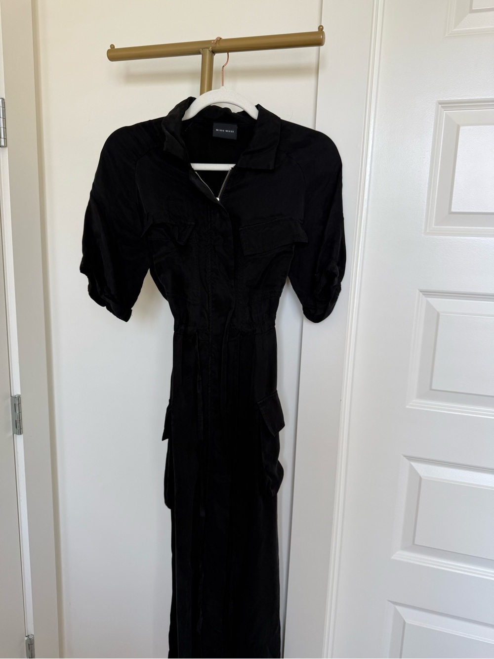 Black Utility Maxi Dress with Zip Front and Puff Sleeves